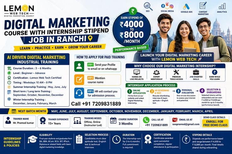 digital marketing internship with stipend ranchi - Call +91 7209831889