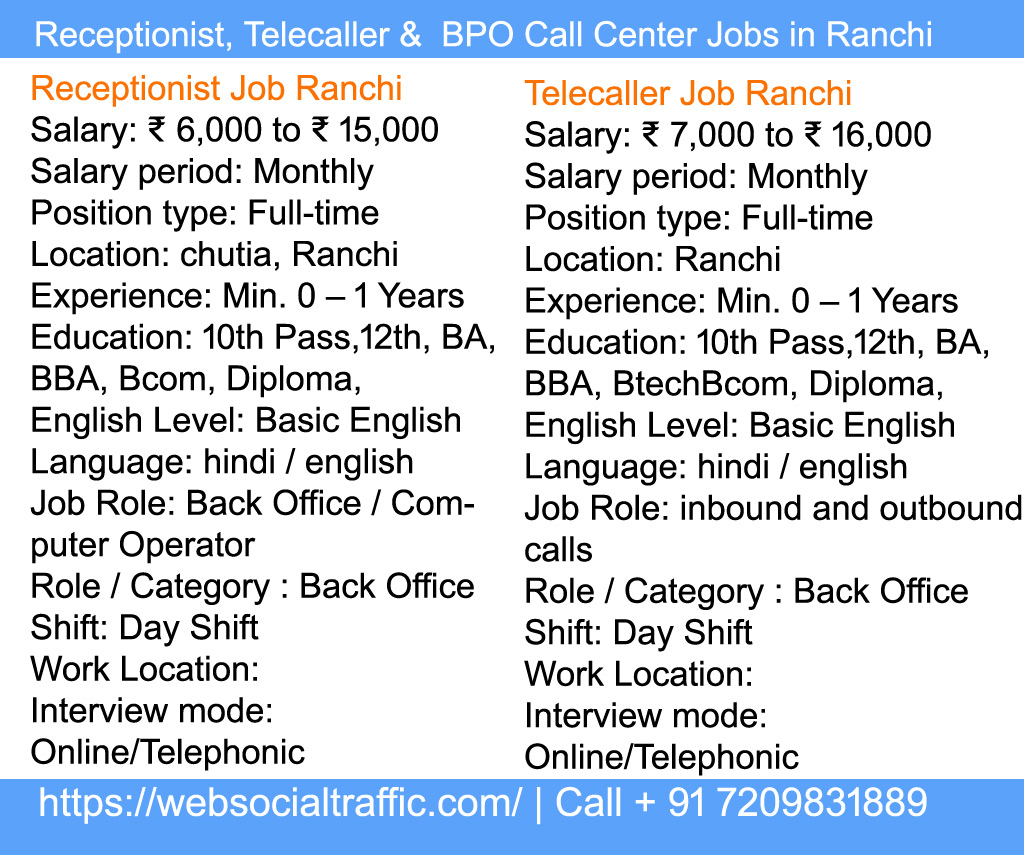 Job Opportunity: Telecaller / BPO Executive / Receptionist Ranchi