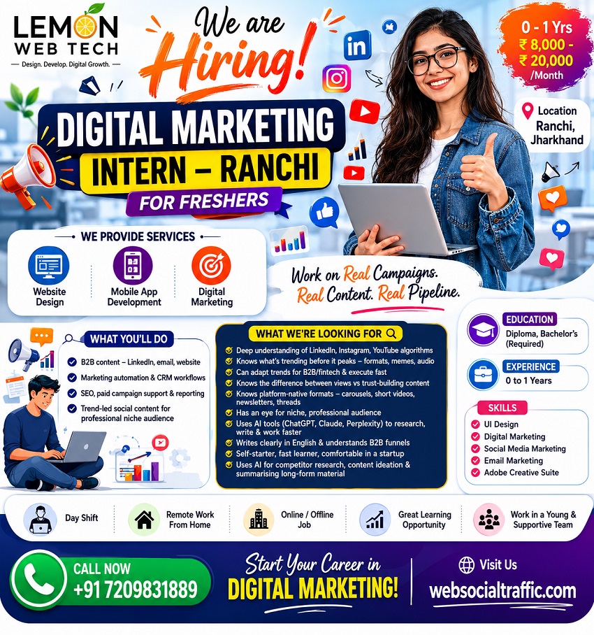 Digital marketing Intern Job Ranchi for freshers